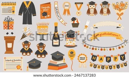 School graduation elements set. Congratulatory messages, greeting card, cake, champagne, graduation teddy bear, graduation owl. Hand drawn vector illustrations.