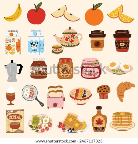 Breakfast favorites set. Apple, avocado toast, bacon and eggs, banana, cereal, coffee, croissant, milk, muffin, oatmeal, orange juice, pancakes, waffles. Hand drawn vector illustrations.