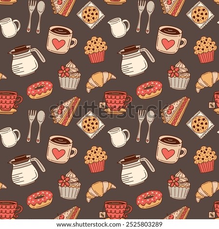 Coffee, tea, and pastries on dark brown vector seamless pattern design.