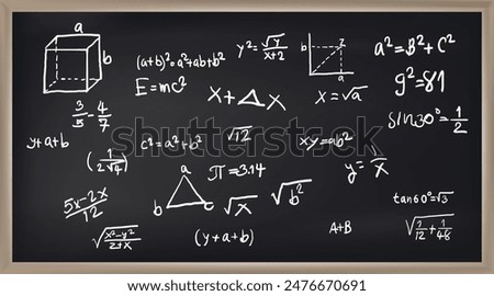 Vector illustration of chalkboard and math formulas on chalkboard. Numbers. Calculation. Teaching math on chalkboard. Chalkboard.