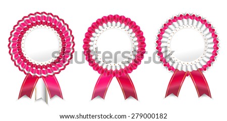 Set, collection, group of three beautiful, modern, isolated ribbons, rosettes, badges, awards, medals, labels, stickers - breast cancer, colors pink and white, shadows, pattern, white background