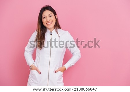 Beautiful Brazilian Caucasian Woman Professional Beautician, Cosmetologist,Smiling, happy and optimistic, posing for photo with hands in pockets. Foto d'archivio © 