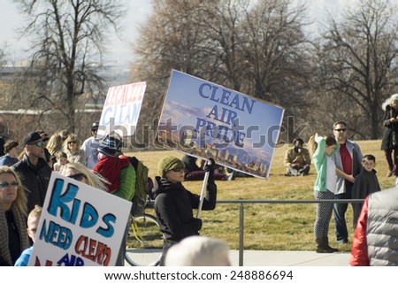 Salt Lake City, UT, USA - January 31, 2015. A crowd gathers in front of the Utah State Capitol building demanding a solution to air pollution in Salt Lake City.
