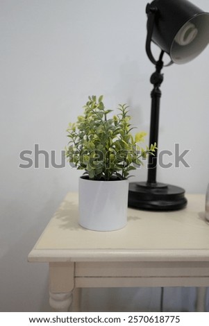 Similar – Image, Stock Photo Minimalist home office closeup concept with tiny cactus in white ceramic pot on wooden ring for air purification to help promote productivity