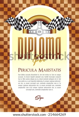 Diploma with a motif of the steering wheel and starting board for the winner of motor sport, motor-sports championship race go-karts, auto veteran, veteran race, historic car ride, cars, trucks