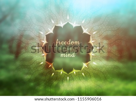 Vector template of banner with inspirational phrase, horizontal format; Spiritual sacred geometry; Mandala and lotus on beauty blurred background with forest; Yoga, meditation and relax.