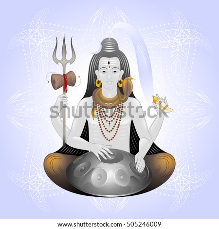 lord Shiva with trishul, damaru, seashell and musical instrument hang drum, vector