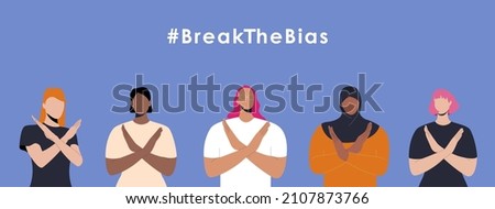 International women’s day. 8th march. #BreakTheBias Horizontal poster with women with different skin color and ethnic groups cross arms. Vector illustration in flat style for banner, social networks Foto stock © 