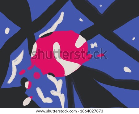 People Silhouette Arround a Pink Circle Shape. Expressionism and Fauvism art . White and Black on Blue Background. art for print and poster