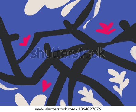 Black People Silhouette Dancing arround Flowers. Fauvism and Matisse Vibe.White and Black on Blue Background. Minimalist Art for Print and poster
