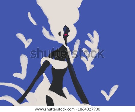Black Woman in blue back ground and white plan and cloud. Matisse and Expressionism painting style. Fauvism art for print and poster.