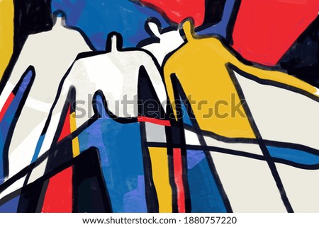 Colorful abstract neoplasticism and cubism art style. Painting with primary color in Mondrian style with abstract people. For print and wall art.