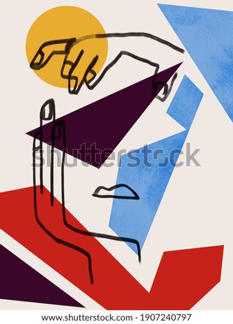 Colorful abstract neoplasticism and cubism art style With woman portrait line art. Painting with primary color in Mondrian style with abstract people. For print and wall art.