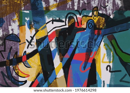 Colorful street art abstract modern expressionism, neoplasticism and cubism art style. Mix photo and Painting with primary color in Mondrian style with abstract people. For print and wall art.