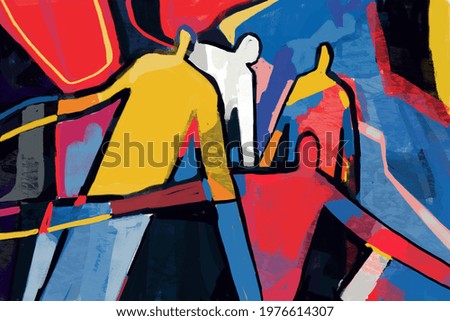 Colorful abstract people neoplasticism and cubism art style. Painting with primary color in Mondrian and keith haring style with abstract people. For print and wall art.