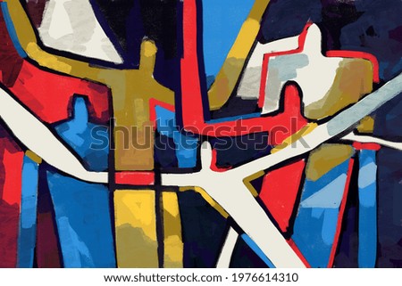 Colorful people abstract neoplasticism and cubism art style. Painting with primary color in Mondrian style with abstract people. For print and wall art.