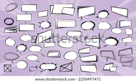 collection of vector comic and manga speech bubbles in various shapes and sizes including round, square, thought and exclamation, perfect for adding dialogue to comics, manga, and graphic novels.