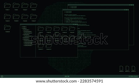 Hacker and programmer desktop interface. Code window and folders. Vector computer interface. UI development digital desktop screen.