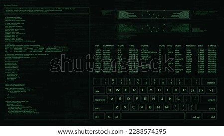 Green hacker interface screen. Code window with keyboard and  high tech UI. Vector HUD. 