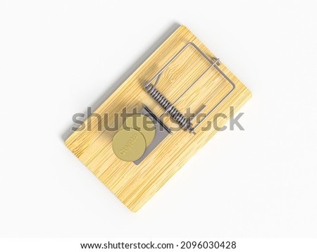 Crypto coin in mousetrap concept in 3D rendered illustration. Money trap, greedy concept. Concept of financial risk management, stock market, money investment, personal loan, debt, fraud. Photo stock © 