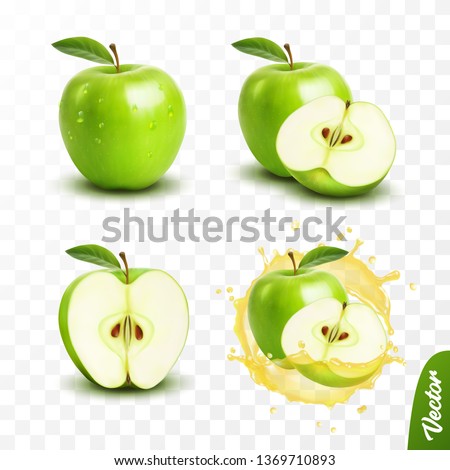 3d realistic transparent isolated vector set, whole and slice of green apple, apple in a splash of juice with drops