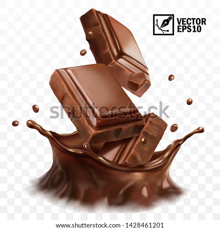 3D realistic vector splash of chocolate, cocoa or coffee, pieces of chocolate bar, crown