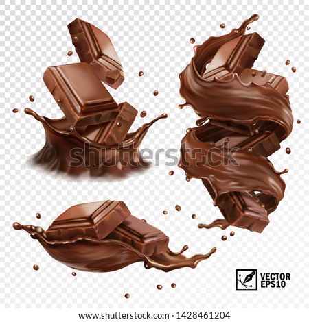 3D realistic vector set, horizontal and vertical splash of chocolate, cocoa or coffee, pieces of chocolate bar, swirl and drop Imagine de stoc © 