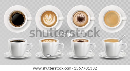 3d realistic vector isolated white cups of coffee with spoon, top and side view, cappuccino, americano, espresso, mocha, latte, cocoa