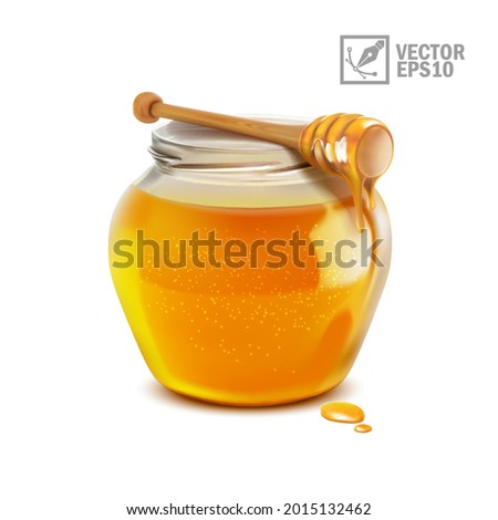3d realistic isolated vector honey jar and stick with liquid honey flowing in a puddle