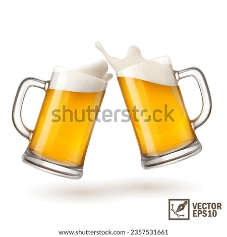 two mugs of light beer toasting creating splash, 3D realistic glasses with handle