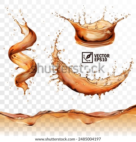 Realistic transparent isolated vector set splashes of tea, coffee, Cola or whiskey with drops, a splash of falling liquid in the form of a spiral, crown and circle,, a wave with bubbles