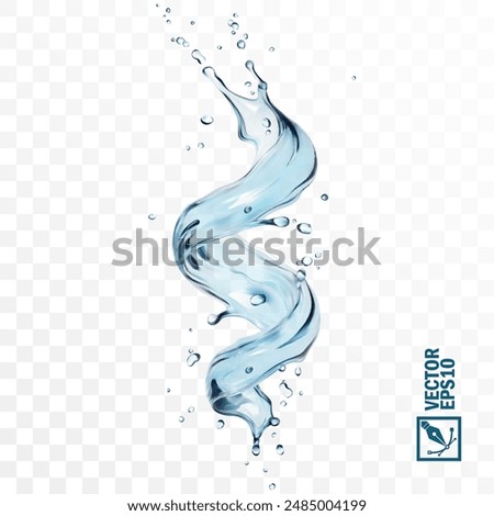 Realistic transparent isolated vector splash of water with drops, a splash of falling water in the form of a spiral, Whirlpool