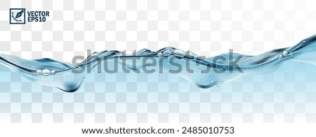 Realistic transparent isolated vector splash of water with drops, a splash in the form of a wave with bubbles