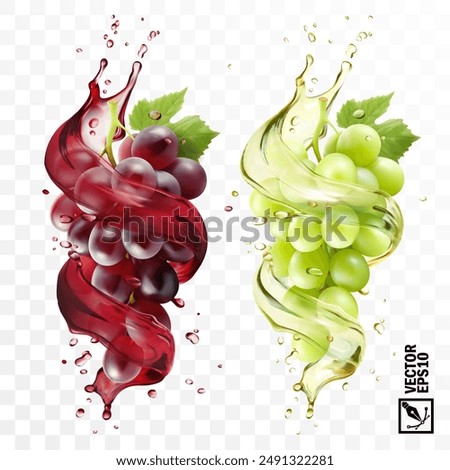 Realistic transparent isolated vector splash of wine or grape juice with green grapes branch