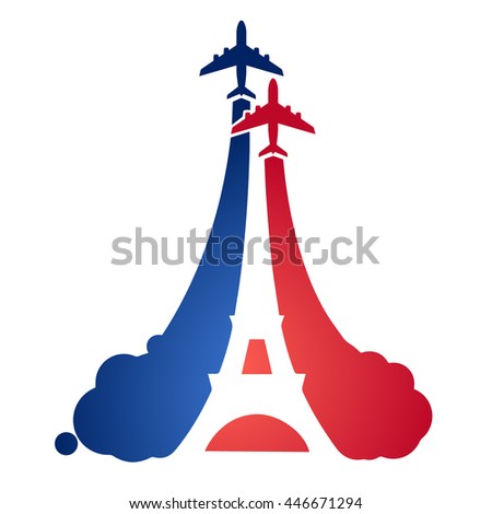 Logo as a tourist flying aircraft, with a silhouette of the Eiffel tower and the symbolism of the French flag. Symbols and air travel in France. Bastille Day.