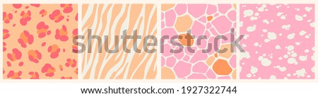 Set of Pink abstract seamless patterns with animal skin texture. Leopard, Giraffe, Zebra, Dalmatian skin print. Trendy boho animal pattern in a bright pink, sandy, orange palette. Vector illustration