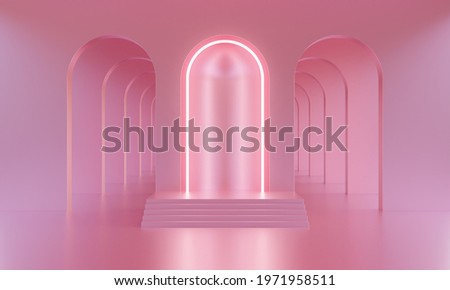 3D mock up podium in a bright pink empty room with arches and neon pink lighting. Abstract minimalistic bright trendy background for product presentation. Modern platform in mid century style.