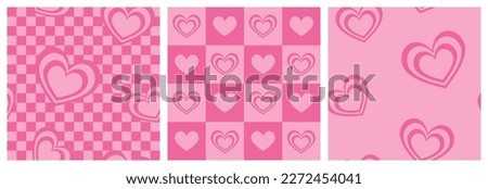 1970 Hearts Retro Seamless Pattern on Pink Checkered Background. Hand-Drawn Vector Illustration. Seventies Style, Groovy Background, Wallpaper, Print, Tee Shirt. Flat Design, Hippie Aesthetic.