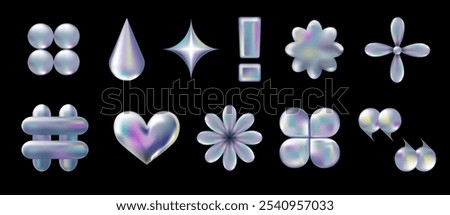 3d holographic retro 90 Icons set. Chrome Heart, Hashtag, Star, Daisy Flowers, Drop in Y2K style isolated on black. Future galaxy aesthetic, 3D chrome bubble art. Metal glossy shapes set.