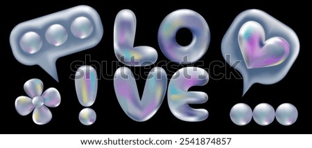  3d holographic retro 90 Sticker set. Chrome Daisy, Love, Ellipsis, Like, Exclamation mark in Y2K style isolated on black. Future galaxy aesthetic, 3D chrome bubble art. Metal glossy shapes set.