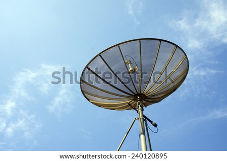 Satellite dish (C-Band) communication technology network against cloudy sky