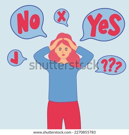 Young girl stands embarrassed to choose YES or NO, flat style cartoon character vector illustration. The concept of choice, choice, response, acceptance of failure. Use with advertising or business.