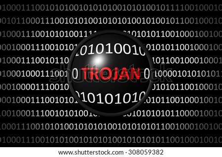 Binary code with Trojan virus and magnifying lens on black background