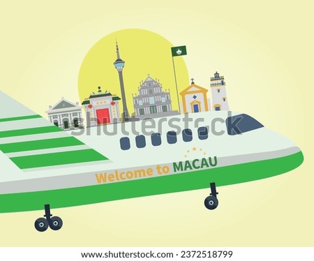 Macau travel concept, landmark icon with airplane 