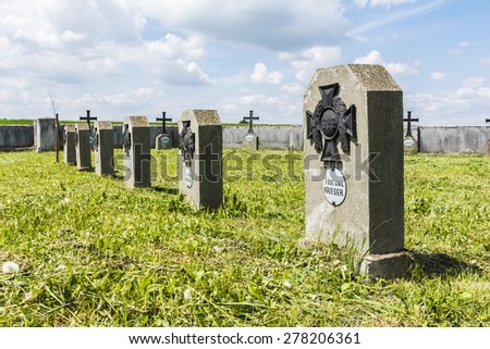 Biskupice Radlowskie, Poland - May 15, 2015: Gravestones in the cemetery of war number 258. Graves of soldiers who fought during the First World War.