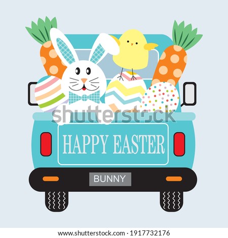 Easter truck, bunny, chicken, eggs and carrot illustration for easter greeting card