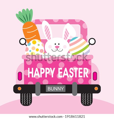 Easter truck, bunny, egg and carrot illustration for easter greeting card