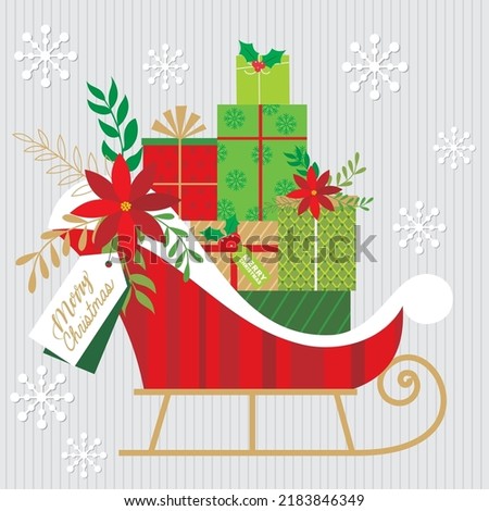 Christmas card, gift bag or box design with christmas sleigh and presents