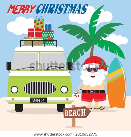 Christmas card, gift bag or box design with car, santa and surf board