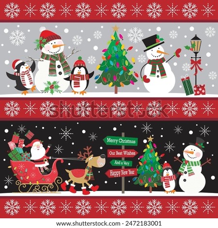 Christmas card design with Santa, snowman and penguin